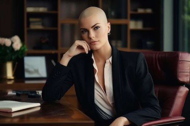 A bald female manager in a black suit works in the office business lady fashion trends