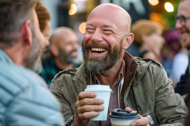 Photo a bald man is having a good time while savoring coffee outdoors and laughing