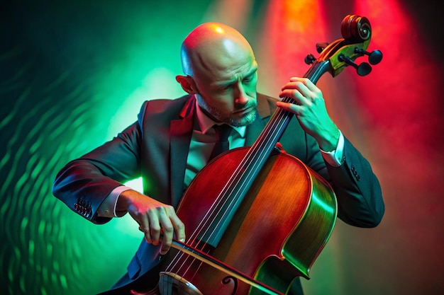 Photo bald man talented cellist performing jazz compositions in redgreen neon light against gradient studio background concept of music and art hobby concerts and festivals