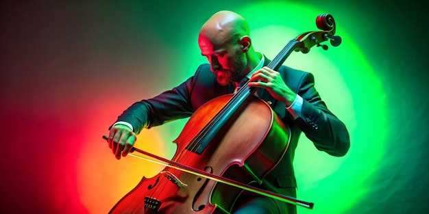 Photo bald man talented cellist performing jazz compositions in redgreen neon light against gradient studio background concept of music and art hobby concerts and festivals