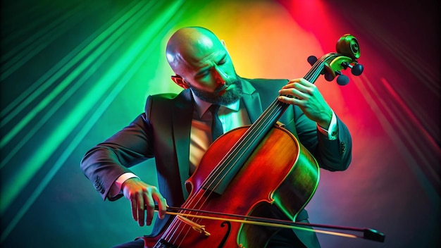 Photo bald man talented cellist performing jazz compositions in redgreen neon light against gradient studio background concept of music and art hobby concerts and festivals