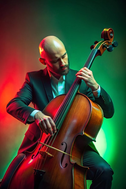 Photo bald man talented cellist performing jazz compositions in redgreen neon light against gradient studio background concept of music and art hobby concerts and festivals