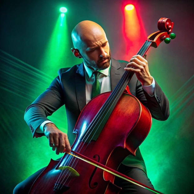 Photo bald man talented cellist performing jazz compositions in redgreen neon light against gradient studio background concept of music and art hobby concerts and festivals