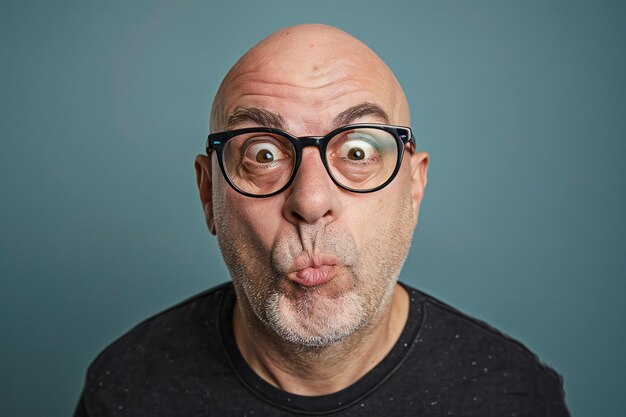 Photo a bald man with glasses making an eyelevel funny face funny and humorous