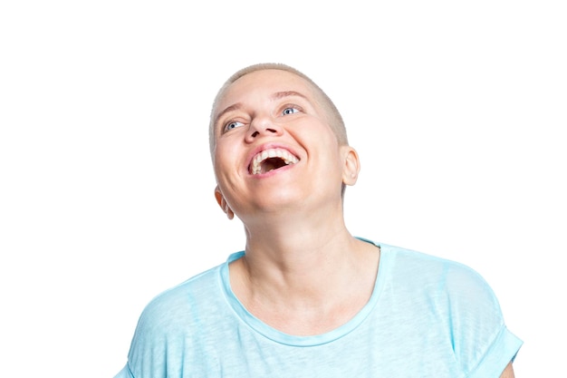 The bald woman laughs Positivity and optimism Closeup Isolated on white background