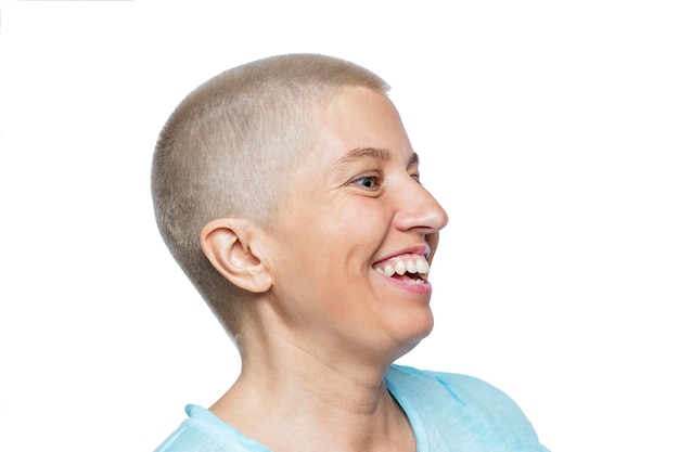 The bald woman laughs Positivity and optimism Closeup Isolated on white background