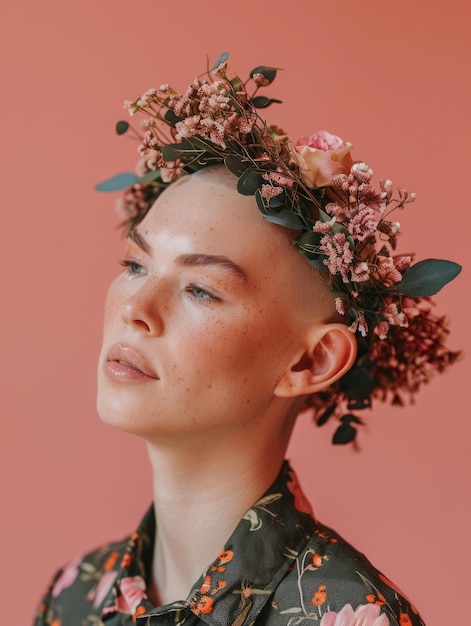 Photo a bald woman with a wreath on her head on a white background