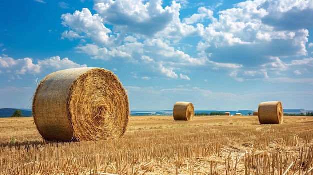 Photo bales of hay in a field with a blue sky and clouds in the background