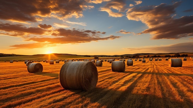 Bales of hay in a picturesque golden field embodying the rural beauty of agriculture and the autumn harvest season