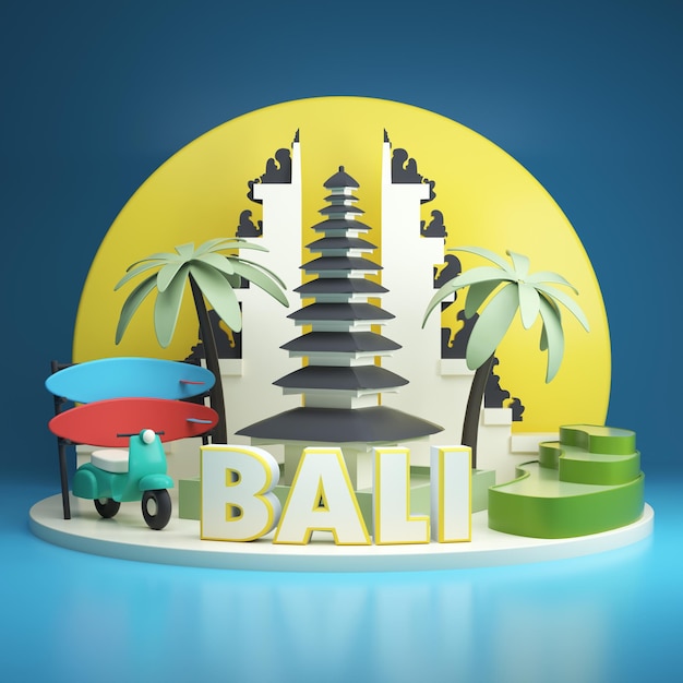 Bali attractions temple surfing and bike 3d render