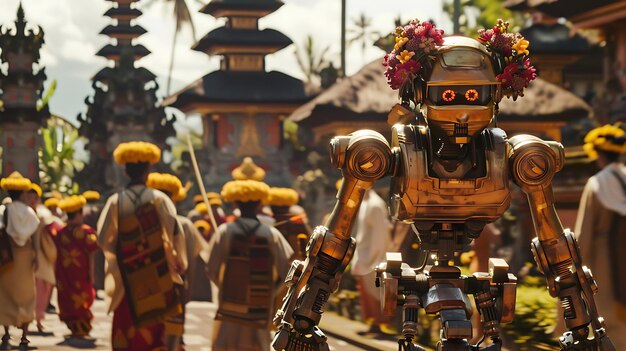 Photo balinese temple ceremony with robot leading in traditional attire and rituals