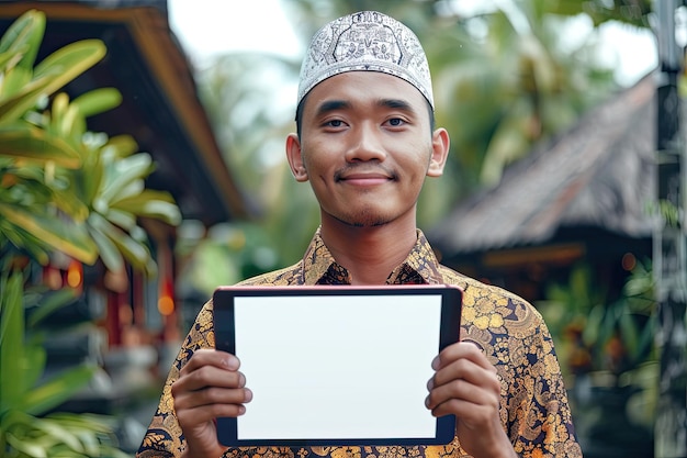 Photo balinese young man using tablet pc showing the screen to camera over isolated background