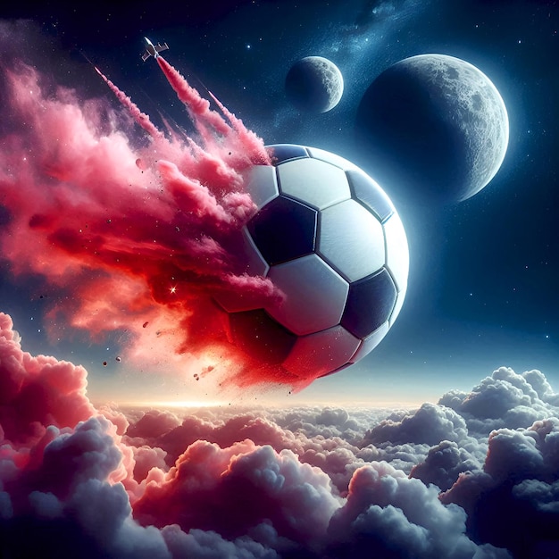 Ball as a planet in space with pink smoke and explosions moons in the background