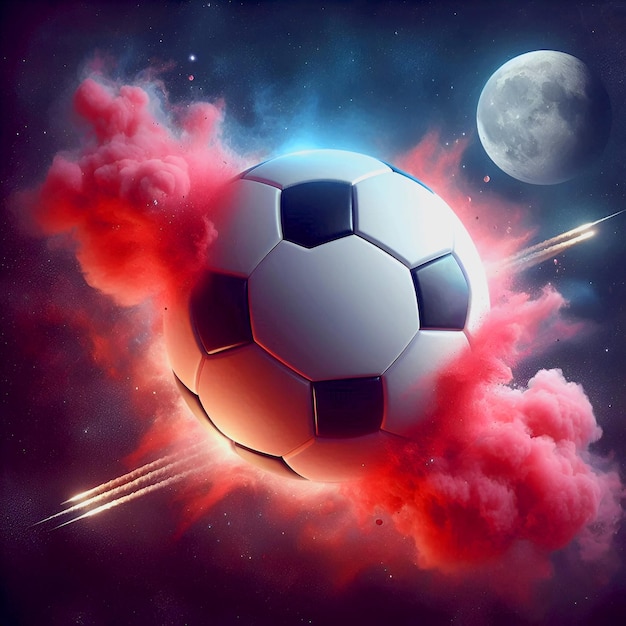 Ball as a planet in space with pink smoke and explosions moons in the background