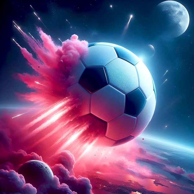 Ball as a planet in space with pink smoke and explosions moons in the background