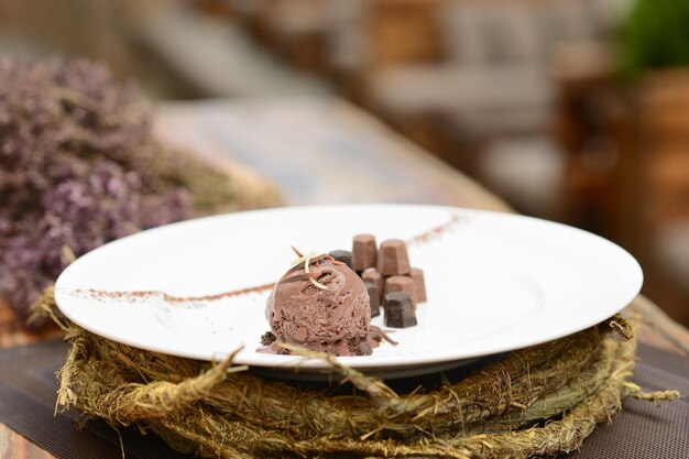 Ball of chocolate ice cream with chocolate pieces on a white plate