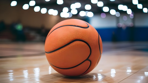 a ball on a court with a blurry background of lights