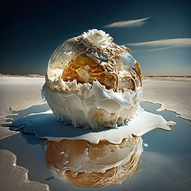 A ball of liquid that is on a beach