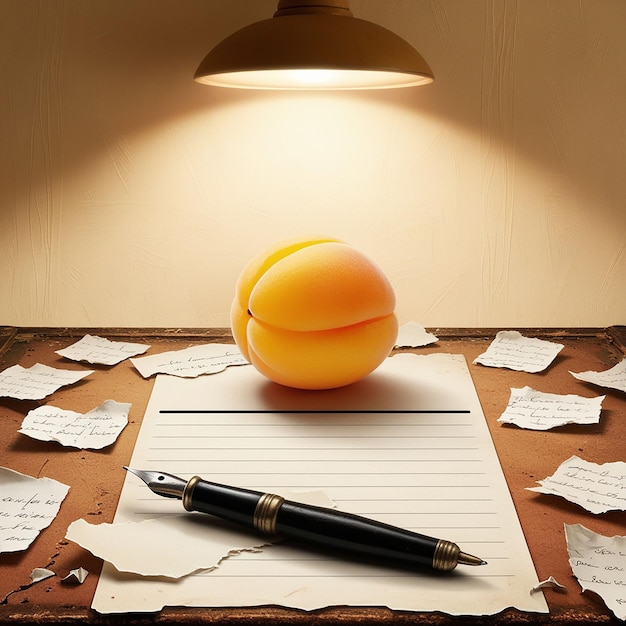 a ball of orange is on a piece of paper with a pen on it