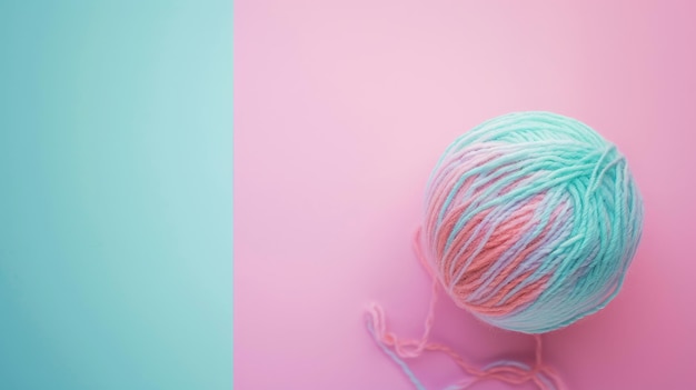 Photo a ball of pastelcolored yarn is placed on a gradient background blending light blue and pink hues creating a soft and peaceful composition