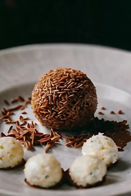 Photo a ball of rice and some chocolate on a plate