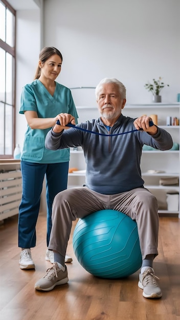 Ball senior man and physiotherapy with band for resistance training support or workout in retirem