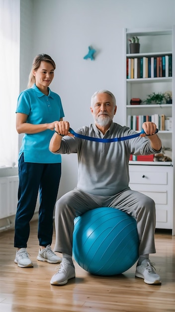 Ball senior man and physiotherapy with band for resistance training support or workout in retirem