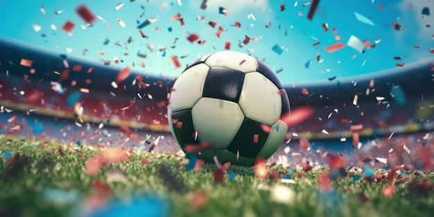 Ball soccer stadium on victory celebration time with confetti background Generative AI