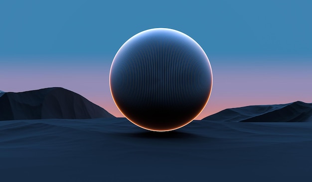 A ball with a neon orange rim against the backdrop of mountains and a sunset on the horizon An abstract futuristic ball divided into strips with neon illumination 3D render