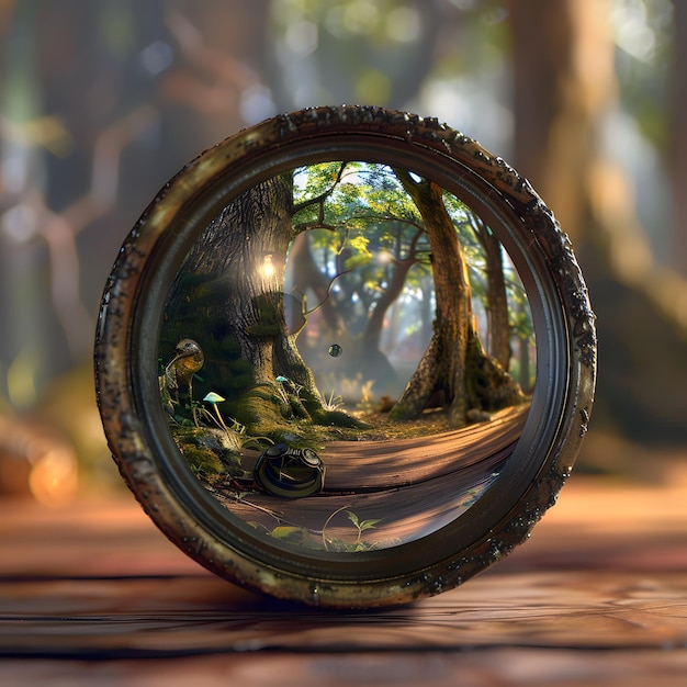 a ball with a picture of a tree and a bench in the background