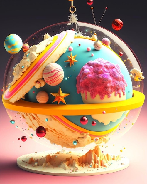 A ball with a planet and a cupcake on it