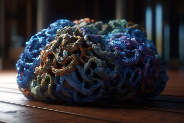 A ball of yarn is on a table with a mirror in the background.