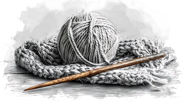 A ball of yarn a knitting needle and a knitted scarf on a rustic wooden table