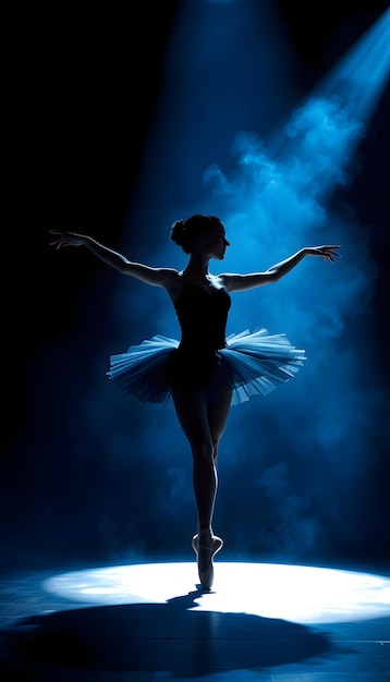 Photo ballerina in black tutu dress dancing on stage with magic blue light and smoke silhouette of young