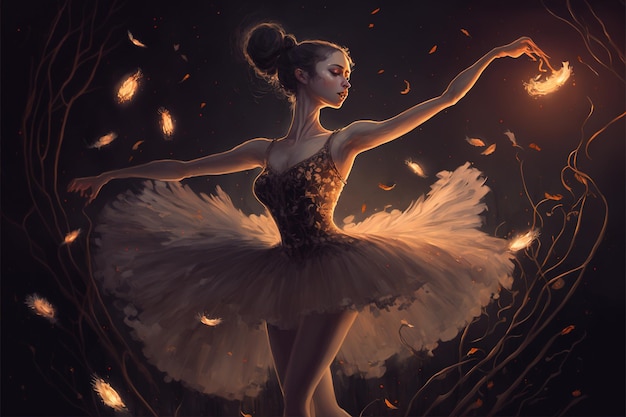 A ballerina dancing with fireflies against the crescent moon digital art style illustration painting fantasy concept of a ballerina dancing