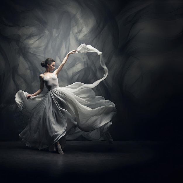 Ballerina Dancing with Silk Fabric Modern Ballet Dancer in Fluttering Waving Cloth Pointe Shoes Gray Background