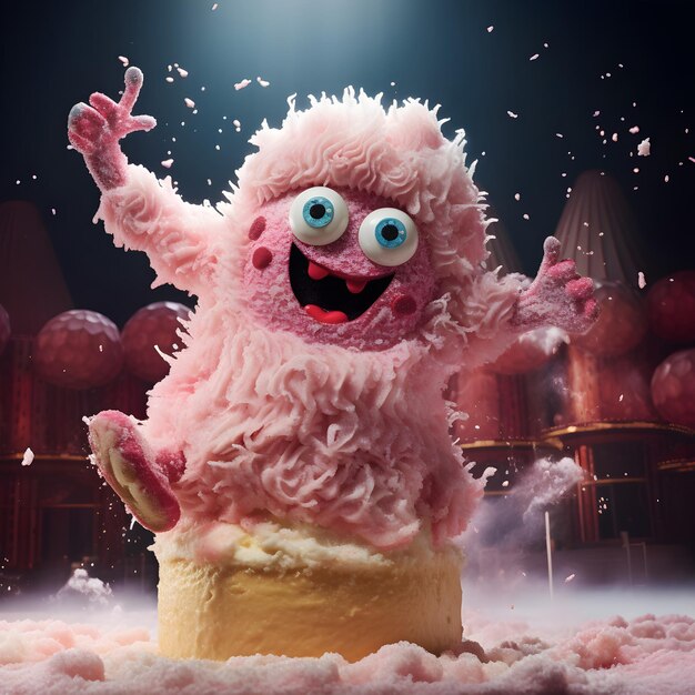 A ballerina ice cream monster pirouetting on a stage made of sugar crystals