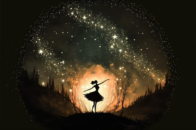 Photo the ballerina is dancing a ballerina dancing against the background of the night sky with fireflies digital art style illustration painting