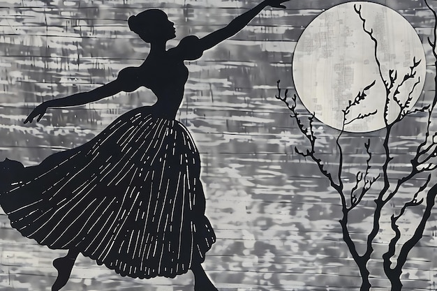 Ballerina Silhouette Against a Full Moon and Tree