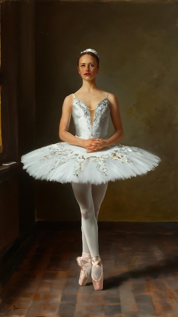 Photo ballerina in white tutu in the studiooil pnting