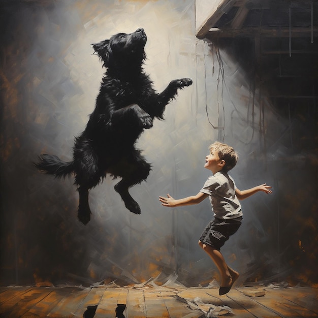 Ballet boy and flying black dog generated by ai