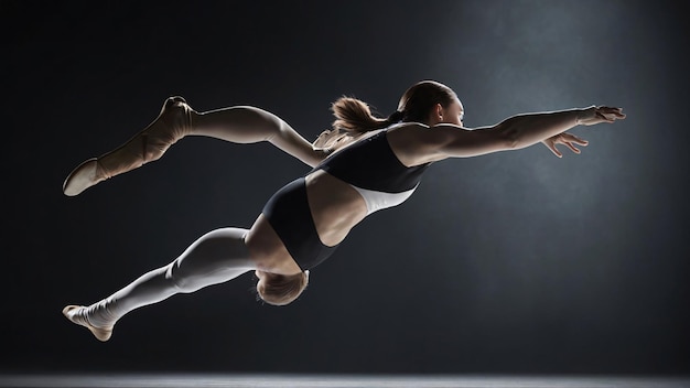 Ballet dancer in a dynamic leap on dark background