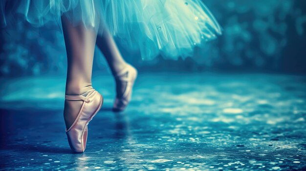 Ballet dancers feet in pointe shoes on stage