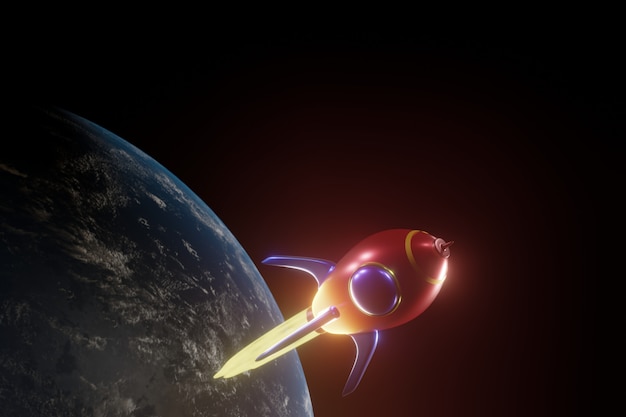 Ballistic launch red rocket, planetary startup, 3D rendering. Elements of this image furnished by NASA