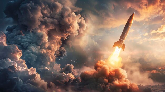 Photo ballistic missile launched in the sky in high resolution and high quality concept war