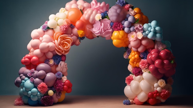 A balloon arch made of balloons is made of flowers and leaves.