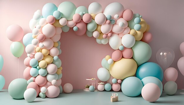 A balloon arch with a pink and yellow theme