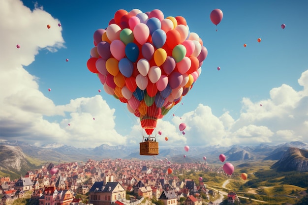 Balloon borne journey fantasy plane floats surrounded by colorful balloons in the sky