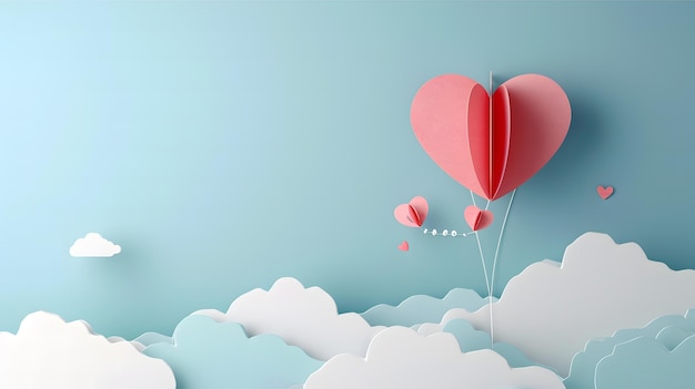 Balloon heart paper cut design on pastel sky and clouds background love heart shape valentines day