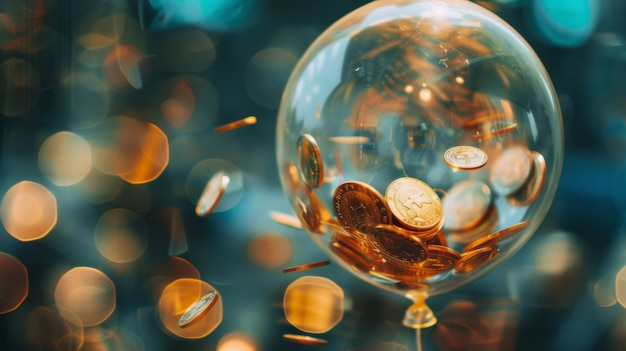 A balloon inflating with coins and banknotes symbolizing the expanding nature of invested wealth